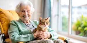 Family member reviewing a care plan with an older adult at an assisted living table.