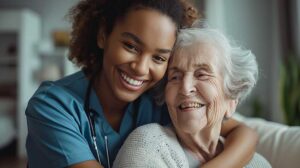 Two staff members assist an older adult during an emergency drill in a residential care hallway.